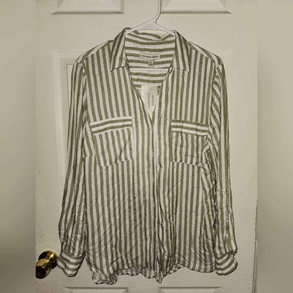 Sage green and white striped button down